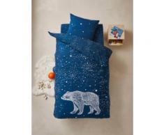 Parure housse de couette détails phosphorescents + taie d'oreiller enfant OURS POLAIRE bleu foncé