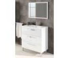CAESAROO Meuble de salle de bain 3 tiroirs sur le sol 80 cm Blanc Brillant avec miroir Blanc brillant - Avec double colonne et lampe LED