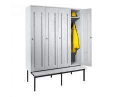 Vestiaire avec banc monté en dessous portes en tôle perforée, largeur compartiments 400 mm, 4 compartiments | Wolf
