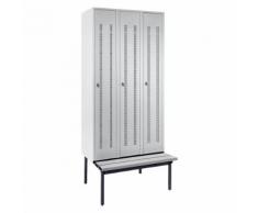 Vestiaire avec banc monté en dessous portes en tôle perforée, largeur compartiments 300 mm, 3 compartiments | Wolf