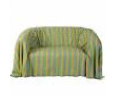 Fouta Futée DJERBA - Jeté de canapé coton tricolore vert jaune turquoise 200 x 300