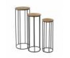 Wadiga Set de 3 sellettes rondes en métal noir et plateaux en bois