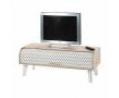 Maisonetstyles Meuble TV 114 cm chêne/blanc et rideau décor vagues