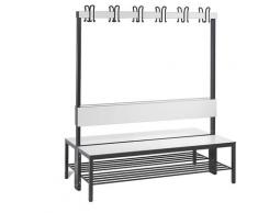 Banc de vestiaire BASIC PLUS double face surface de l'assise en stratifié HPL, barre à patères, avec grille pour chaussures | CP
