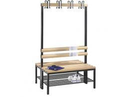 Banc de vestiaire BASIC double face barre à patères, grille pour chaussures, hêtre | CP
