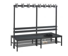 Banc de vestiaire BASIC double face barre à patères, grille pour chaussures, plastique | CP