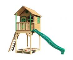 Maisonnette en bois brun et vert avec toboggan vert