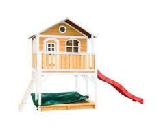 Maisonnette en bois brun et blanc sur pilotis avec toboggan rouge