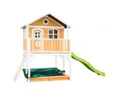 Maisonnette en bois brun et blanc sur pilotis avec toboggan vert