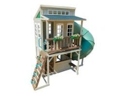 Maisonnette en bois blanc avec toboggan tubulaire vert