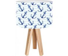 Lampe de chevet enfant trépied bois abat jour blanc et bleu