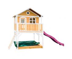 Maisonnette en bois brun et blanc sur pilotis avec toboggan violet