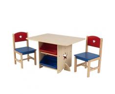 Table rangement enfant bois naturel et bacs rouge et bleu