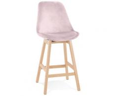 Tabouret snack mi-hauteur 'MORISS MINI' en velours rose et pieds en bois naturel