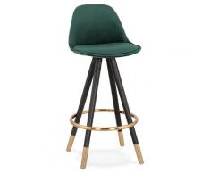 Tabouret snack mi-hauteur design 'CHICAGO MINI' en velours vert et 4 pieds en bois noir