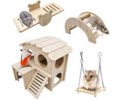Lot de 4 Jouets pour Hamster en Bois, Jeux pour Hamster Comprenant Maison Hamster Pont Balancoire,