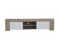 Meuble TV 190 cm design laqué blanc et bois - Eole