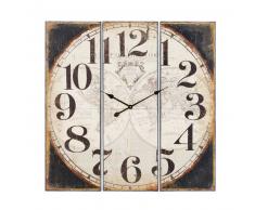 Horloge triptyque en m&eacute;tal imprim&eacute; carte du monde