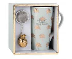 Coffret tasse avec infuseur à thé en porcelaine motifs dorés