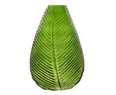 Vase feuille en verre teint&eacute; vert H22