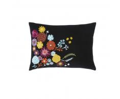 Coussin en coton noir et motif floral brodé multicolore 35x50