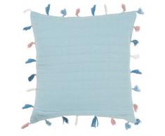 Housse de coussin en coton bleu à pompons 40x40