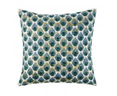 Coussin en coton beige motifs graphiques verts et dorés 45x45