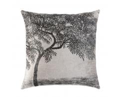 Coussin en velours gris imprim&eacute; arbre noir 45x45