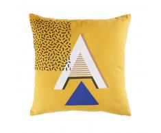 Coussin en coton jaune moutarde motifs graphiques 45x45