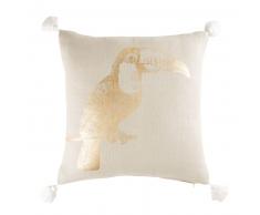 Coussin en lin beige imprim&eacute; toucan dor&eacute; 42x42