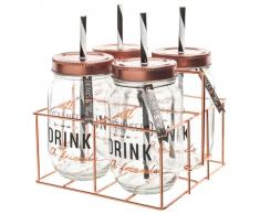 Coffret 4 bocaux avec paille + support m&eacute;tal