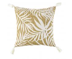 Coussin tress&eacute; et motifs feuillages blancs 45x45