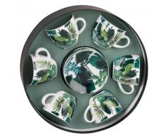 Coffret rond 6 tasses et soucoupes en porcelaine imprimé tropical
