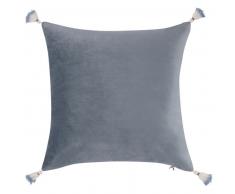 Housse de coussin &agrave; pompons bleue 40x40