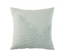 Coussin en coton brod&eacute; vert motifs foug&egrave;res 45x45