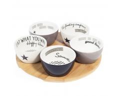 Plateau ap&eacute;ritif + 5 coupelles en fa&iuml;ence D 10 cm BLACK & WHITE