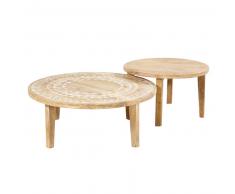 2 tables basses en manguier massif motifs blancs Caraiba