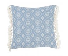 Housse de coussin en coton bleu et écru à pompons 40x40