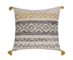 Coussin ethnique en coton gris et jaune 60x60