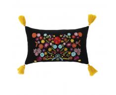 Coussin en velours noir motif floral multicolore et pompons 30x50