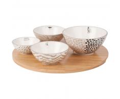 Plateau ap&eacute;ritif en bambou 4 coupelles en fa&iuml;ence &agrave; motifs