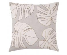 Housse de coussin en coton brodé feuilles écrues et taupe 40x40