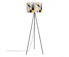 Lampadaire trépied en métal noir et abat-jour motifs graphiques