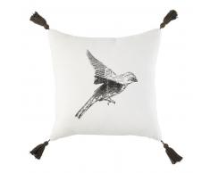 Coussin &eacute;cru en coton et lin imprim&eacute; oiseau noir 35x35