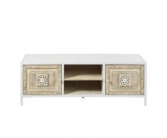 Meuble TV 2 portes en métal blanc et manguier sculpté Mambok