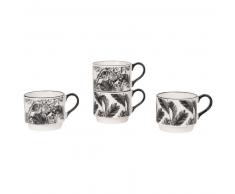 4 tasses en fa&iuml;ence blanche imprim&eacute; tropical noir