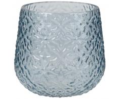 Vase en verre teint&eacute; bleu motifs fleurs H15