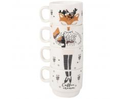 4 tasses en fa&iuml;ence blanche imprim&eacute; renard