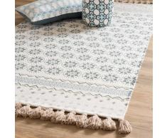 Tapis à franges en coton blanc motifs bleus 90x150cm TOULON