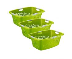Rotho Flowers Lot de 3 paniers à Linge Vert 50 l, Plastique (PP) sans BPA, Vert, 50 Liter (65,1 x 48,6 x 26,2 cm)
